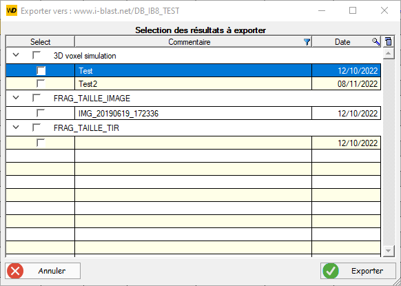 Sélection des résultats à exporter