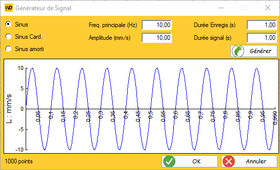 Fenêtre de génération d'un signal sismique théorique