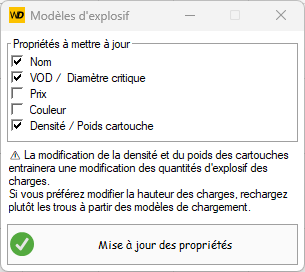 Fenêtre de mise à jour des propriétés des explosifs