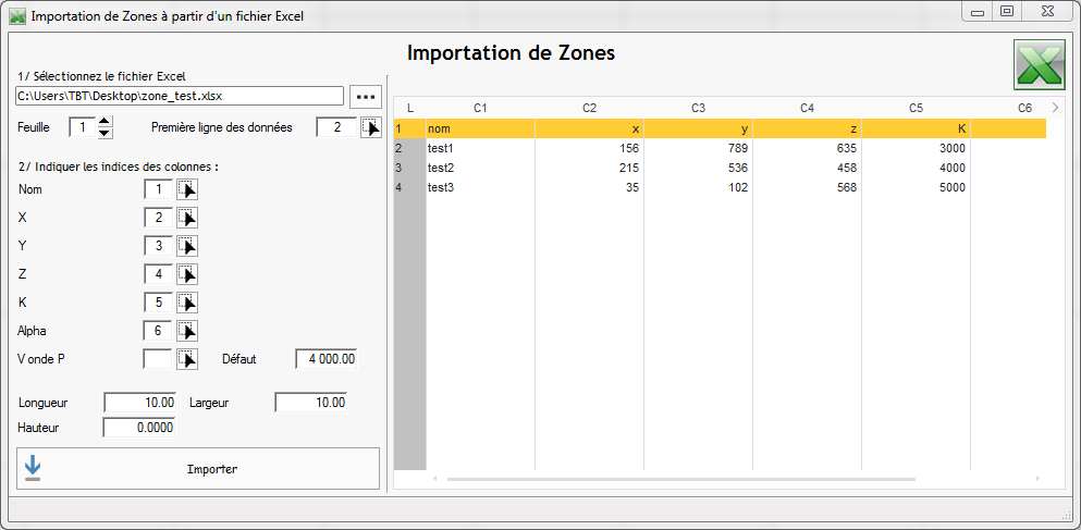 Fenêtre import zones Excel