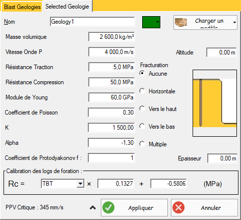 Onglet Géologie sélectionnée